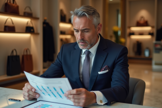 Homme en costume dans une boutique de luxe avec sacs haut de gamme