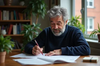 Homme d'âge moyen concentré avec puzzle et bloc note