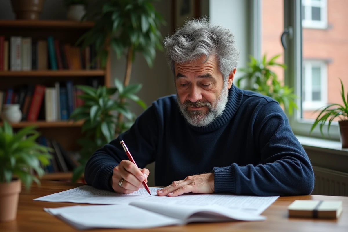 Homme d'âge moyen concentré avec puzzle et bloc note