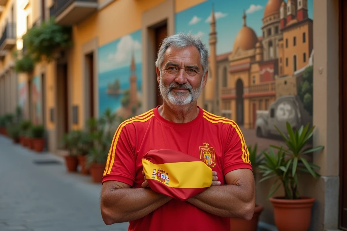Homme espagnol tenant fièrement le drapeau rouge et jaune de l'Espagne dans une rue de Barcelone