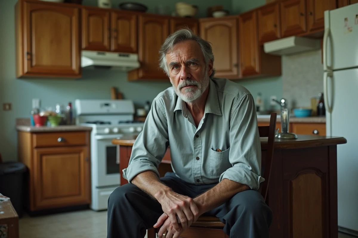 Homme fatigué assis à une table de cuisine désuète