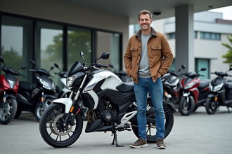 Homme devant une Honda Dax neuve en concession extérieure