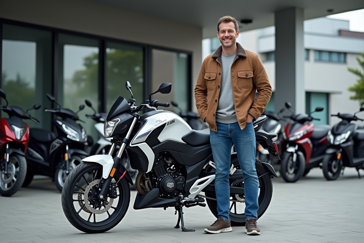 Homme devant une Honda Dax neuve en concession extérieure