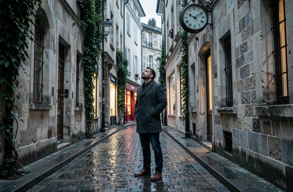 Homme regardant une horloge ancienne dans une ruelle pavée européenne, symbolisant le chiffre angélique 222 et le karma
