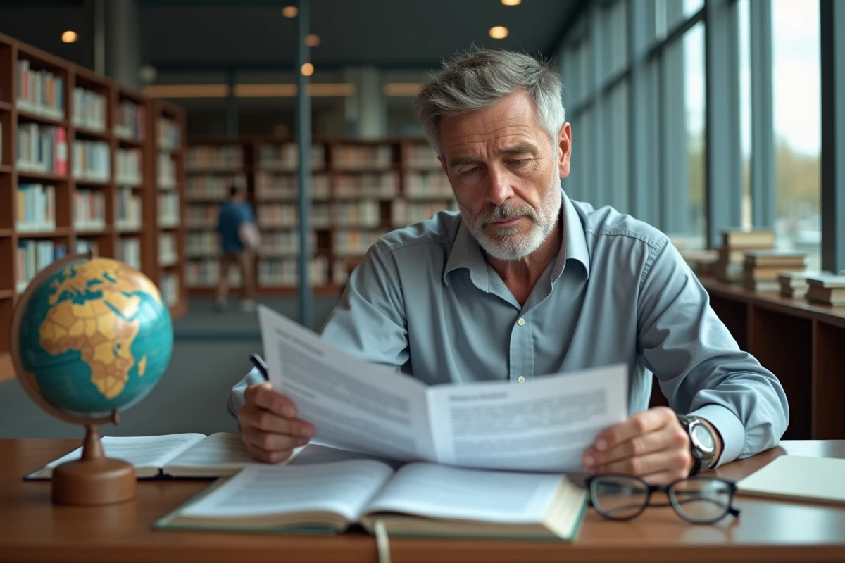Homme âgé lisant un rapport dans une bibliothèque moderne