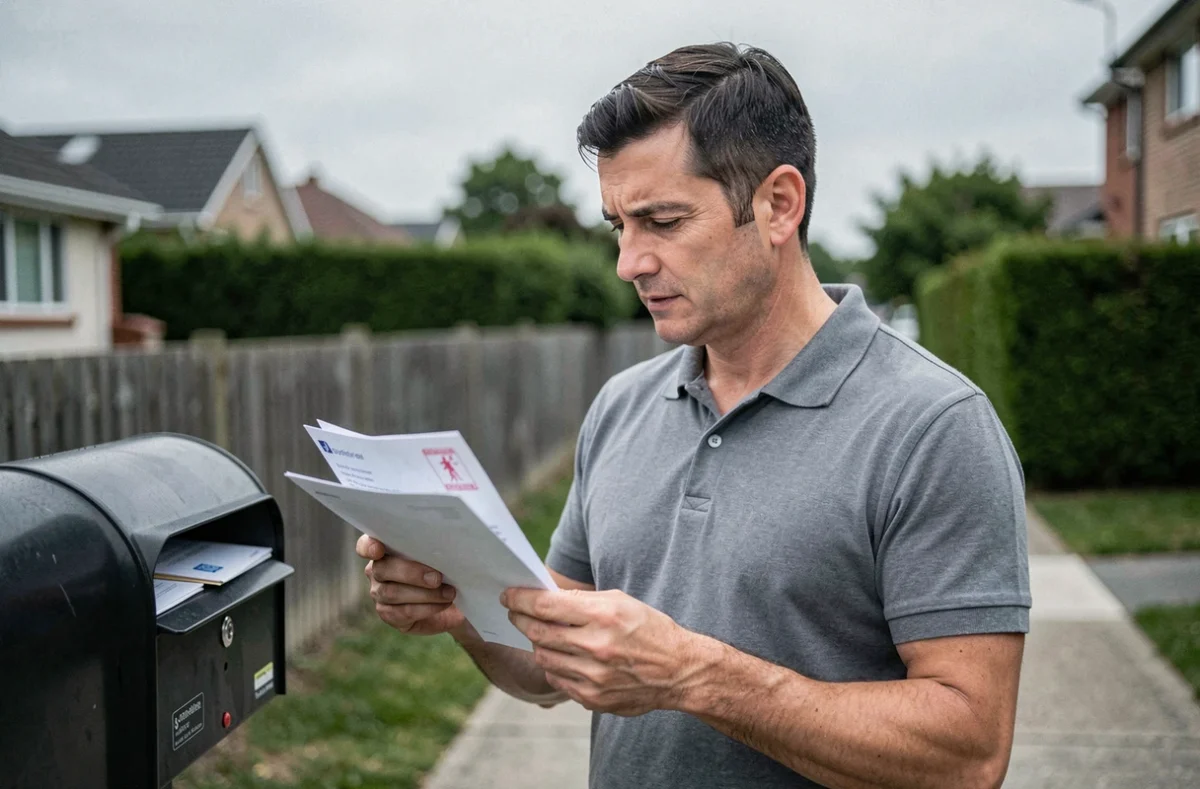 Homme recevant une lettre prioritaire dans sa boîte aux lettres le week-end