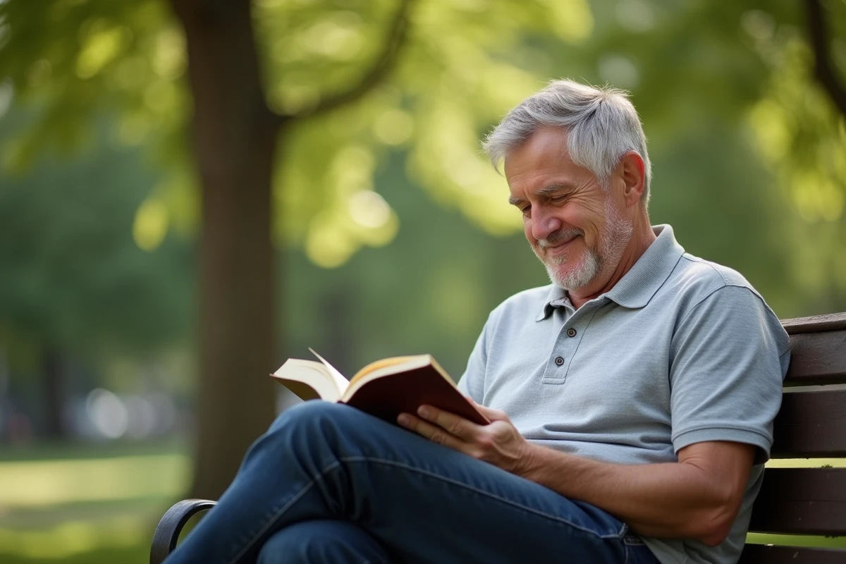 Homme lisant dans un parc avec polo et jeans
