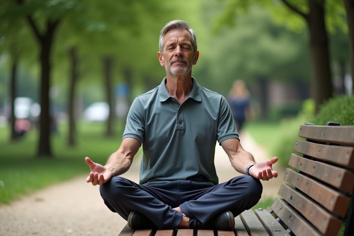 Homme méditant assis sur un banc dans un parc urbain