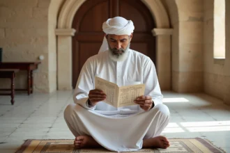 Homme musulman consultant les horaires de prière dans une mosquée à Nîmes