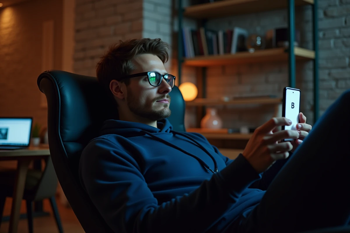 Jeune homme consultant une interface de navigation sans publicité sur smartphone dans un appartement urbain