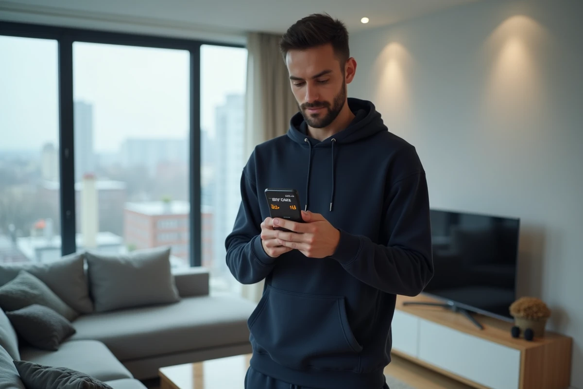 Homme consultant des offres Cyber Monday sur son smartphone dans un salon contemporain avec vue sur la ville