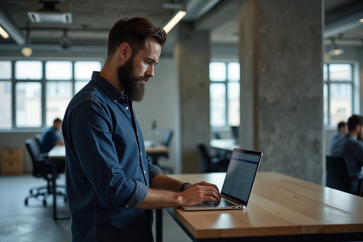 Homme utilisant des outils d'archives en ligne dans un espace de coworking avec plusieurs bases de données ouvertes
