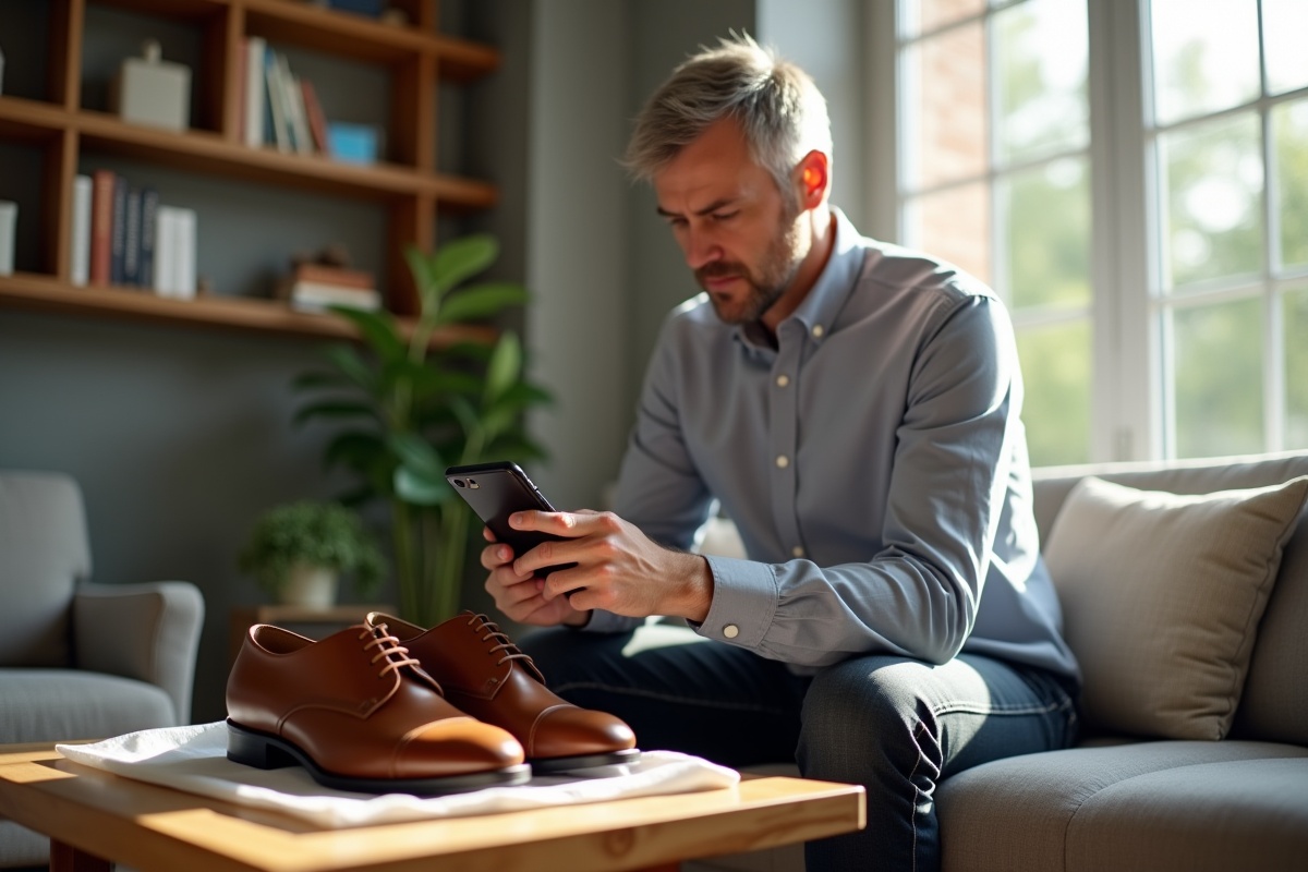 Homme photographiant ses chaussures avec son smartphone dans le salon