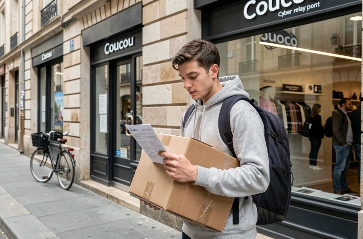 Jeune homme devant un point relais Coucou Cyber à Bordeaux vérifiant les instructions avant de déposer un colis correctement emballé