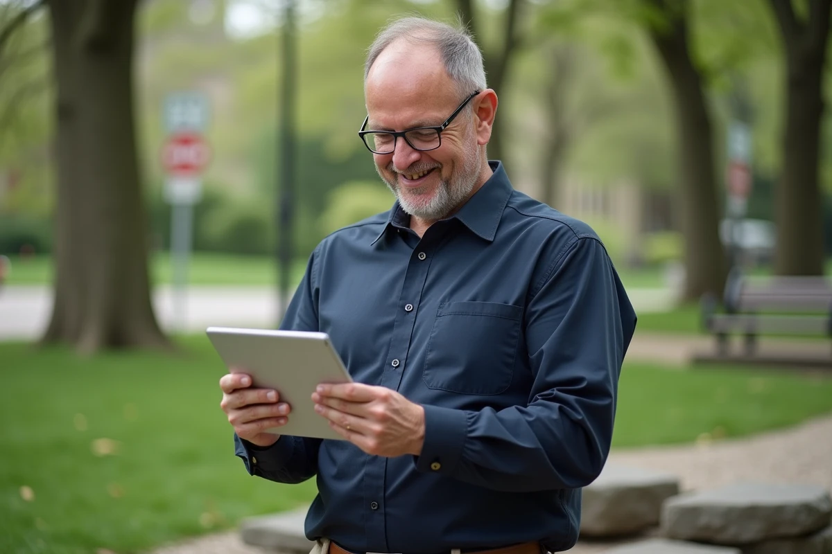 Homme souriant vérifiant un quiz sur les anges gardiens dans un parc