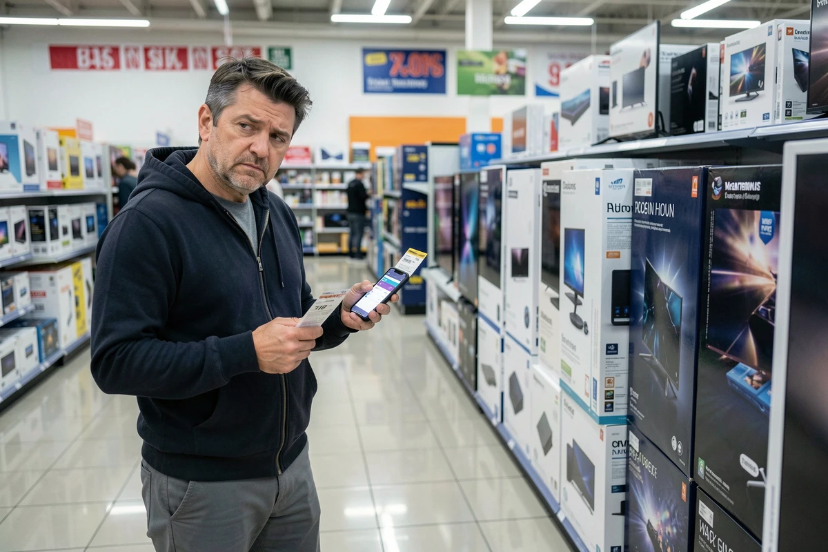 Homme évaluant les prix d'un téléviseur en magasin d'électronique pendant la période Black Friday 2026