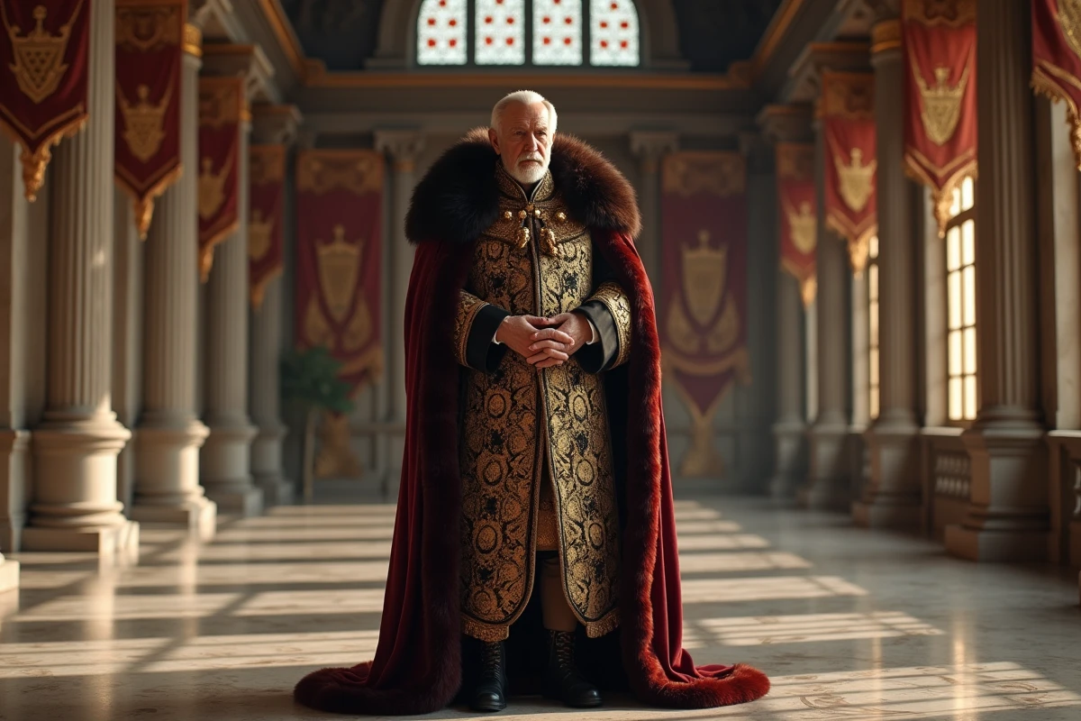 Homme imposant en tenue royale dans un grand hall