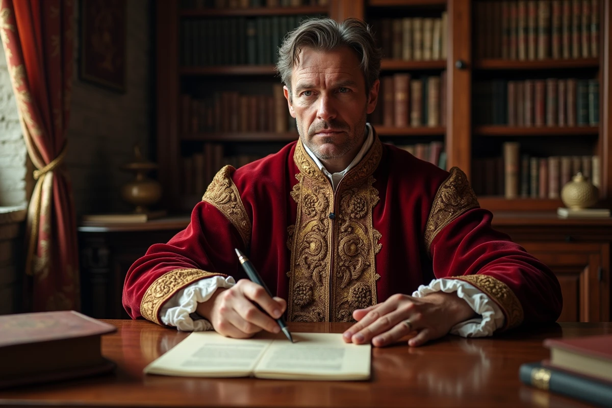 Portrait d'un homme regal en robe tudor riche
