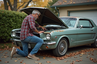 Homme d'âge moyen examine un vieux véhicule en extérieur