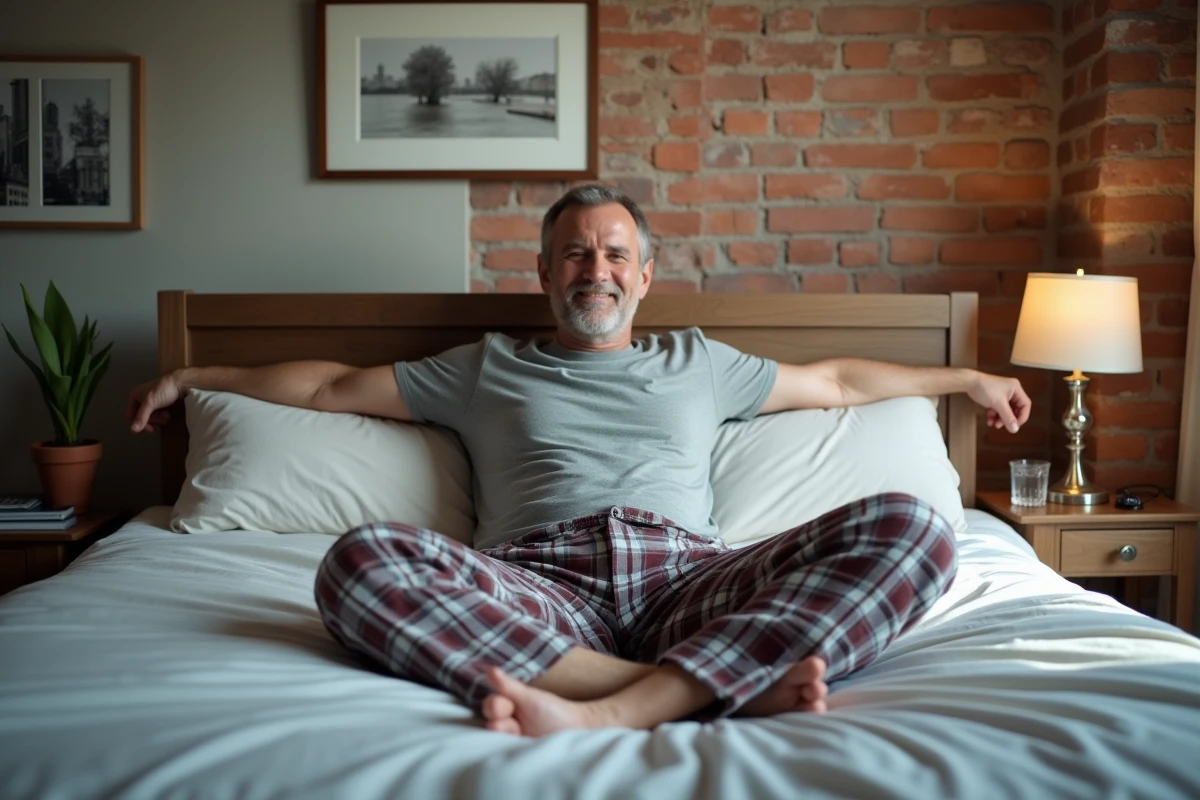 Homme se réveillant détendu dans un appartement lumineux