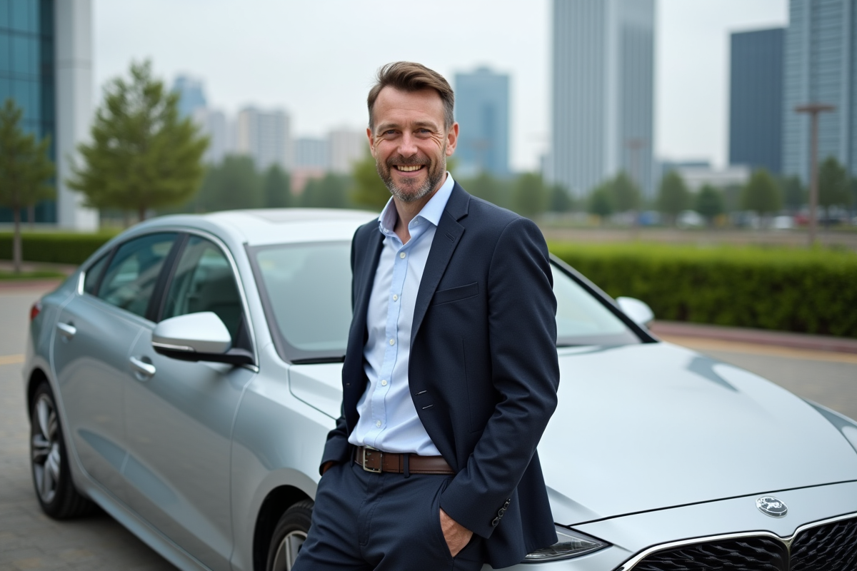 Homme souriant posant contre une voiture moderne en ville