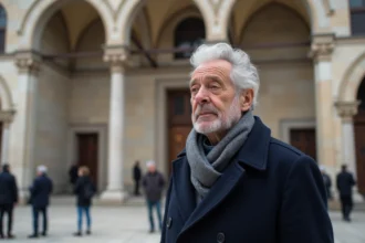 Homme agee en reflection devant la mosquee de Valenciennes