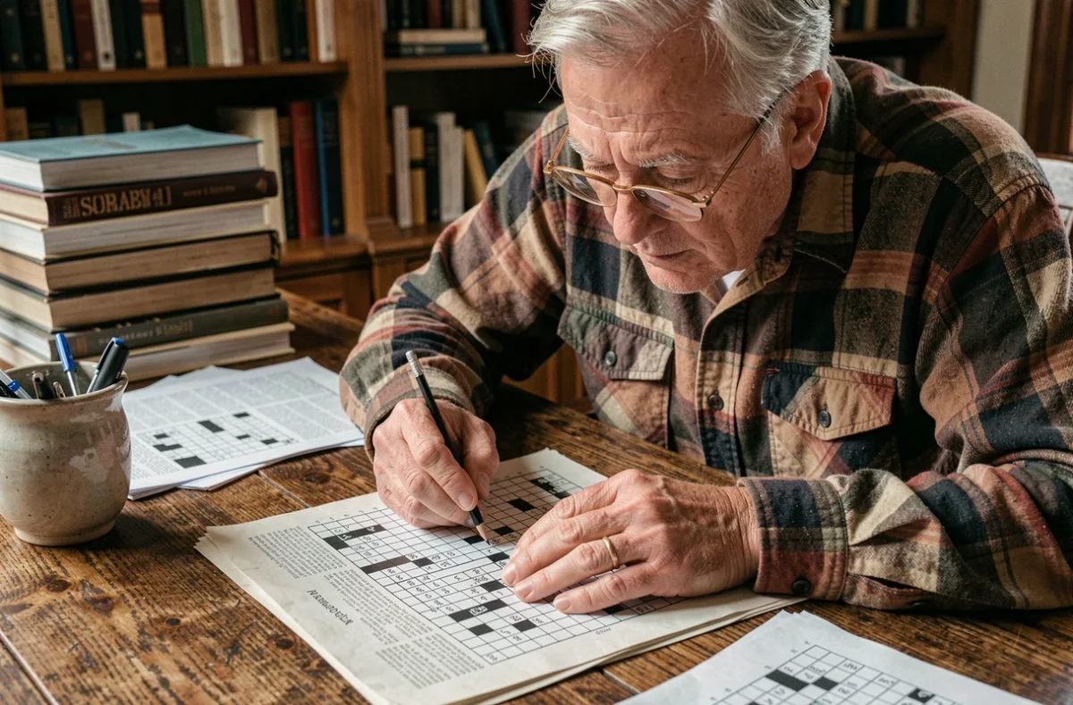 Homme retraité concentré sur une grille de mots fléchés dans un bureau à domicile entouré de livres