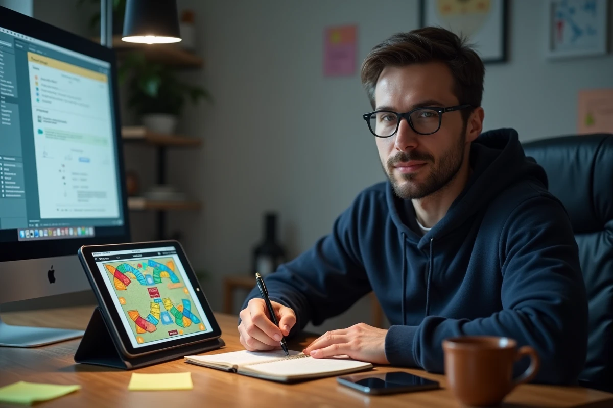 Homme consultant sa stratégie Monopoly GO avec tablette et smartphone sur bureau en bois, notes manuscrites pour optimiser les liens de dés