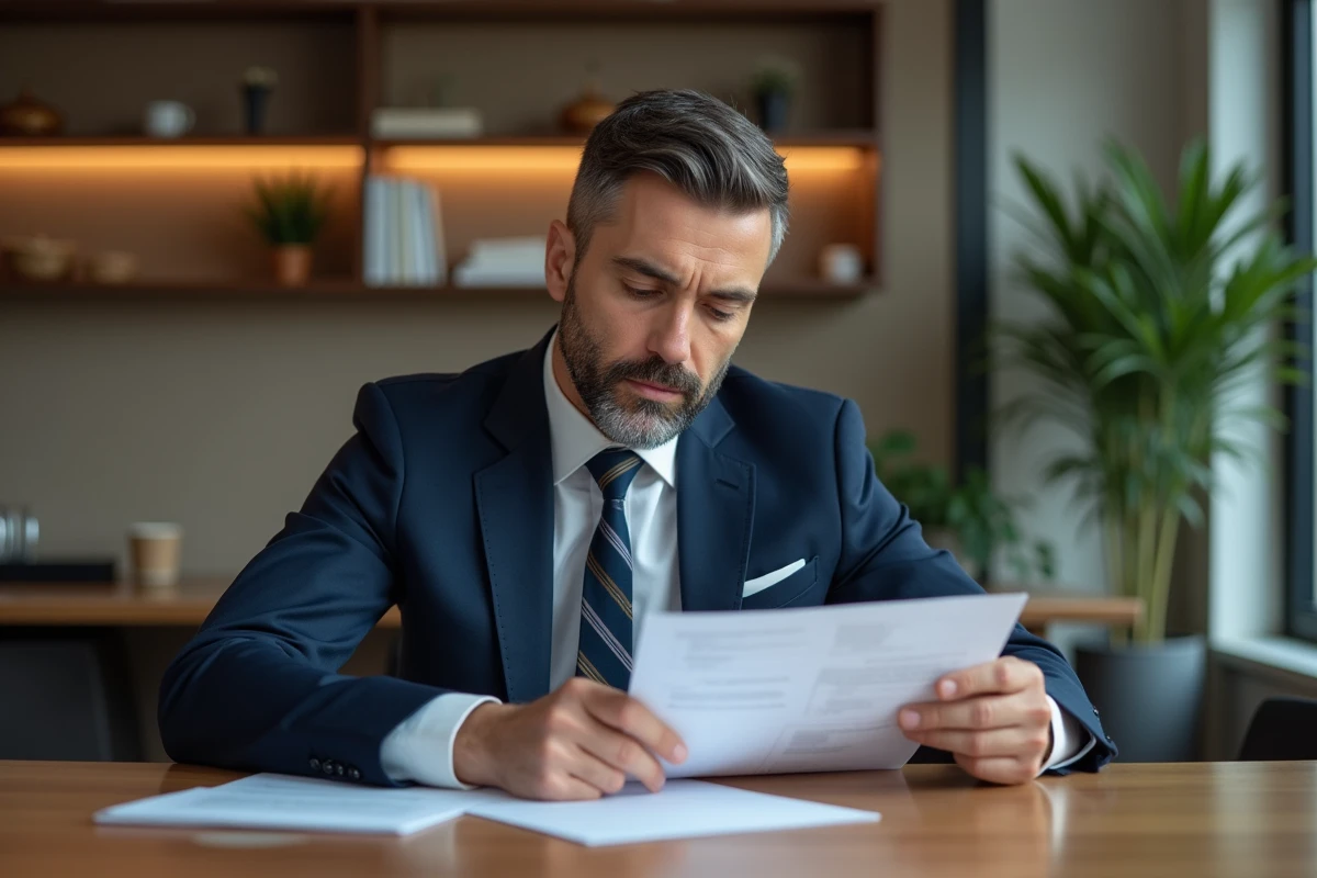 Homme en costume bleu étudiant documents SCPI dans un bureau