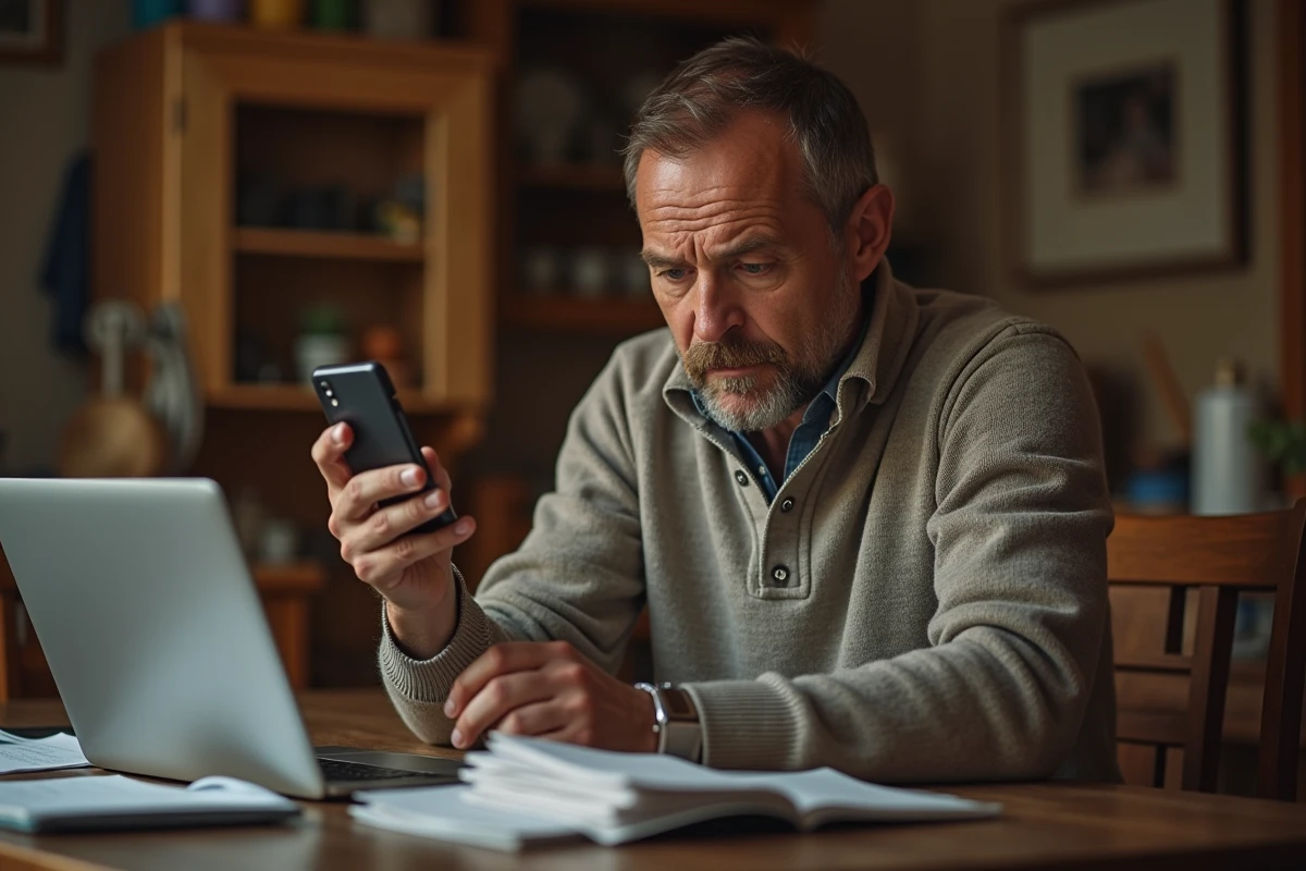 Homme d'âge moyen examinant un vieux téléphone dans une cuisine chaleureuse