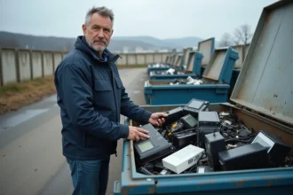 Homme d'âge moyen triant des appareils électroniques recyclés