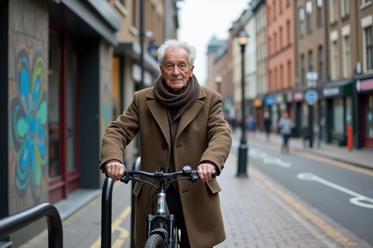 Homme âgé verrouillant son vélo dans une rue urbaine animée