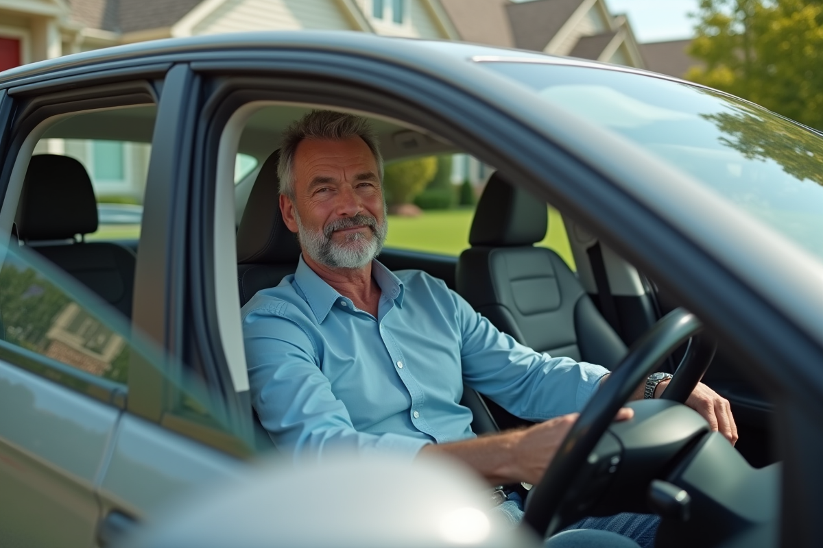 Homme d'âge moyen entrant dans une voiture hybride en quartier résidentiel