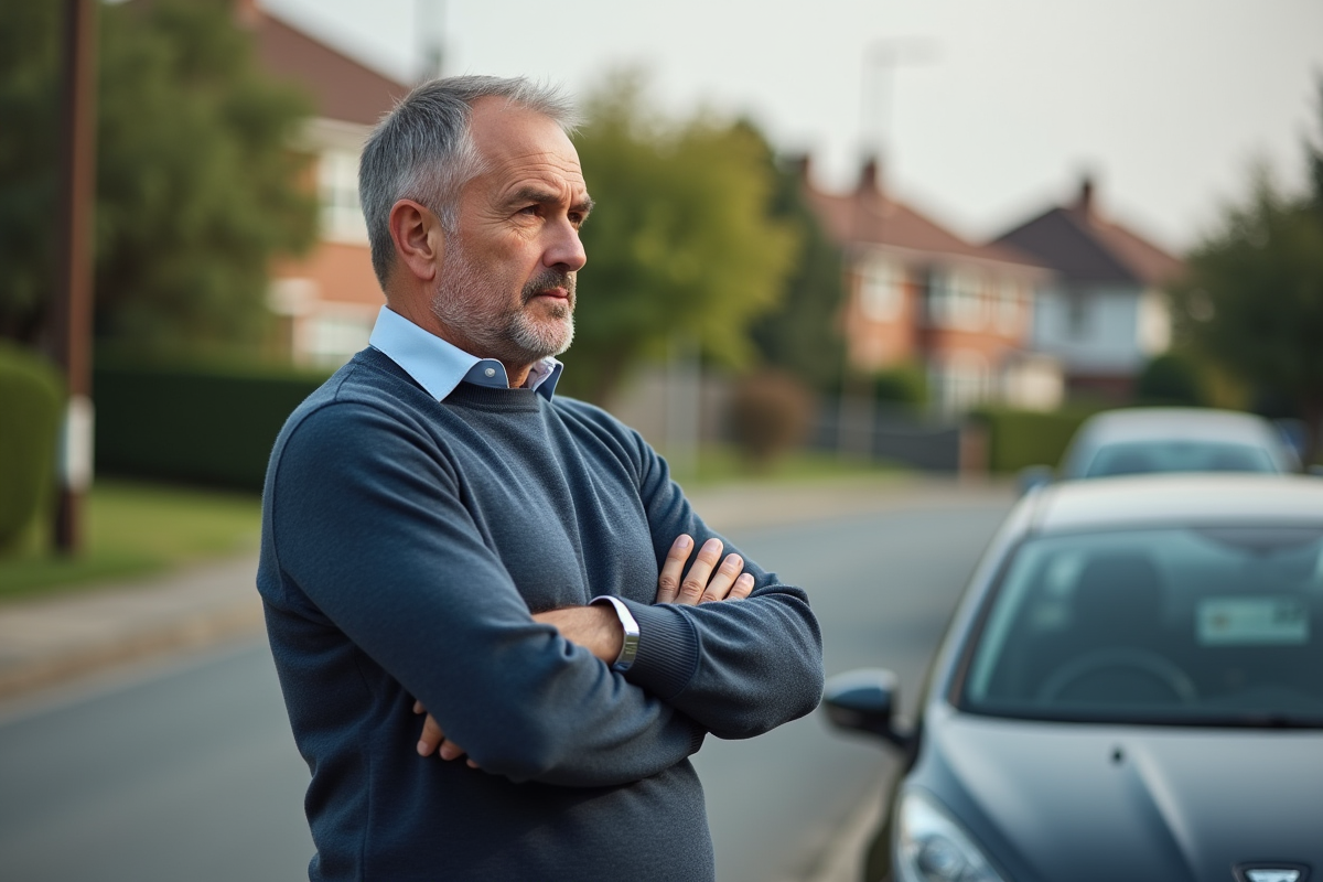 Homme d'âge moyen à côté d'une voiture compacte dans un quartier calme