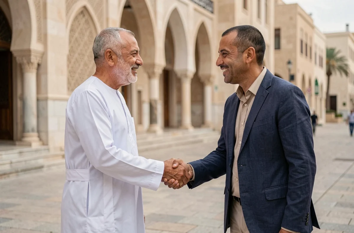 Deux hommes nord-africains échangeant des salutations de Ramadan devant une mosquée, illustrant les expressions traditionnelles après l'iftar