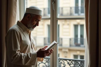 Homme lisant un tableau des horaires de prière imprimé près d'une fenêtre d'appartement parisien