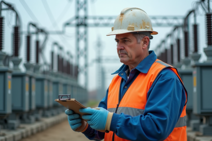 Ingénieur en uniforme devant une sousstation électrique