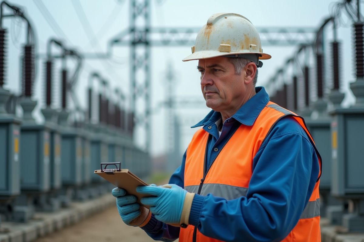 Ingénieur en uniforme devant une sousstation électrique