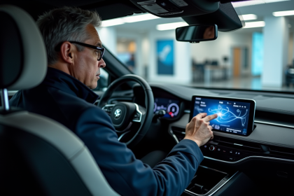 Ingénieur homme en voiture moderne regardant l'écran
