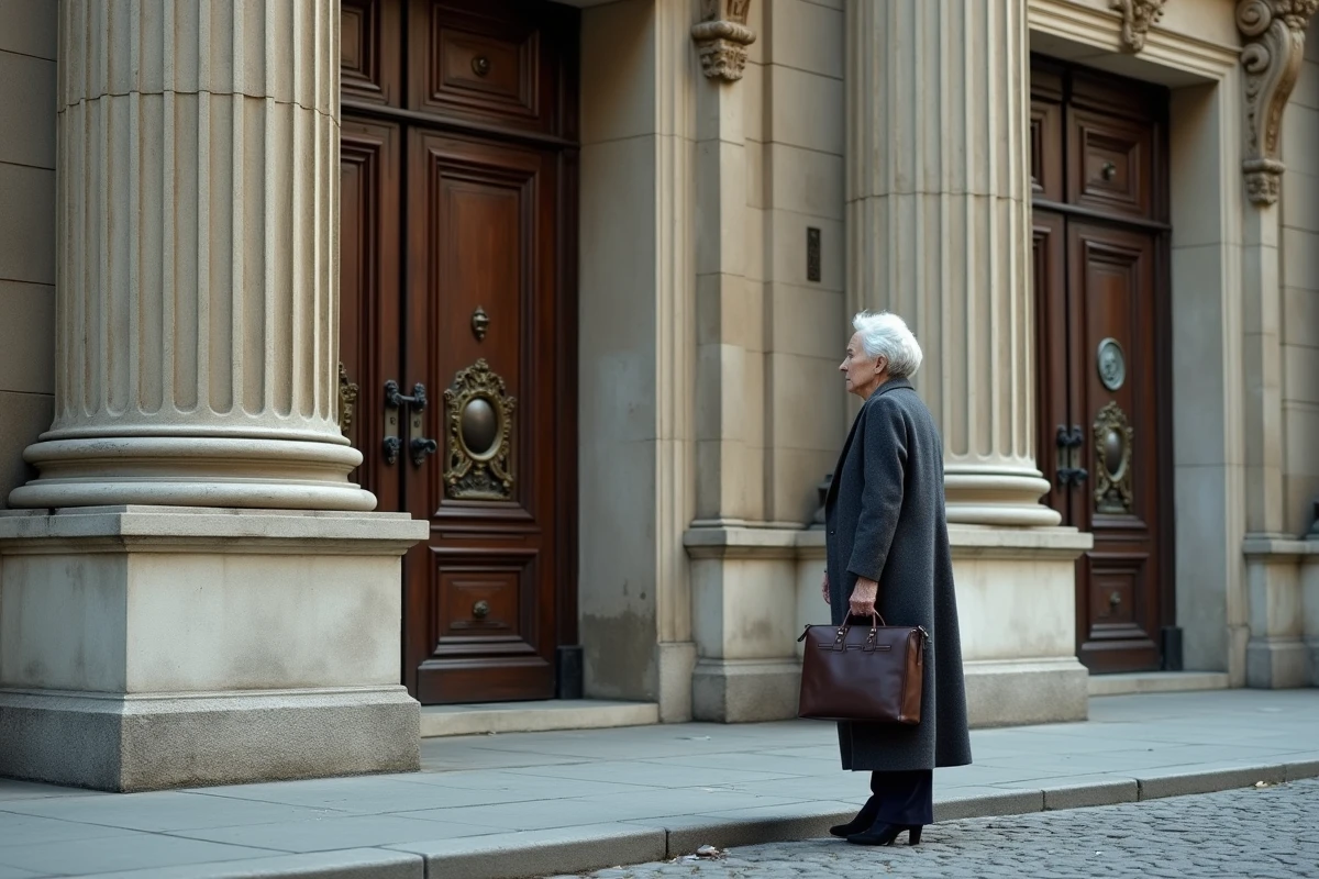 Femme âgée élégante devant la façade néoclassique d'une institution parisienne prestigieuse, illustrant l'héritage académique et le patrimoine d'une personnalité intellectuelle française
