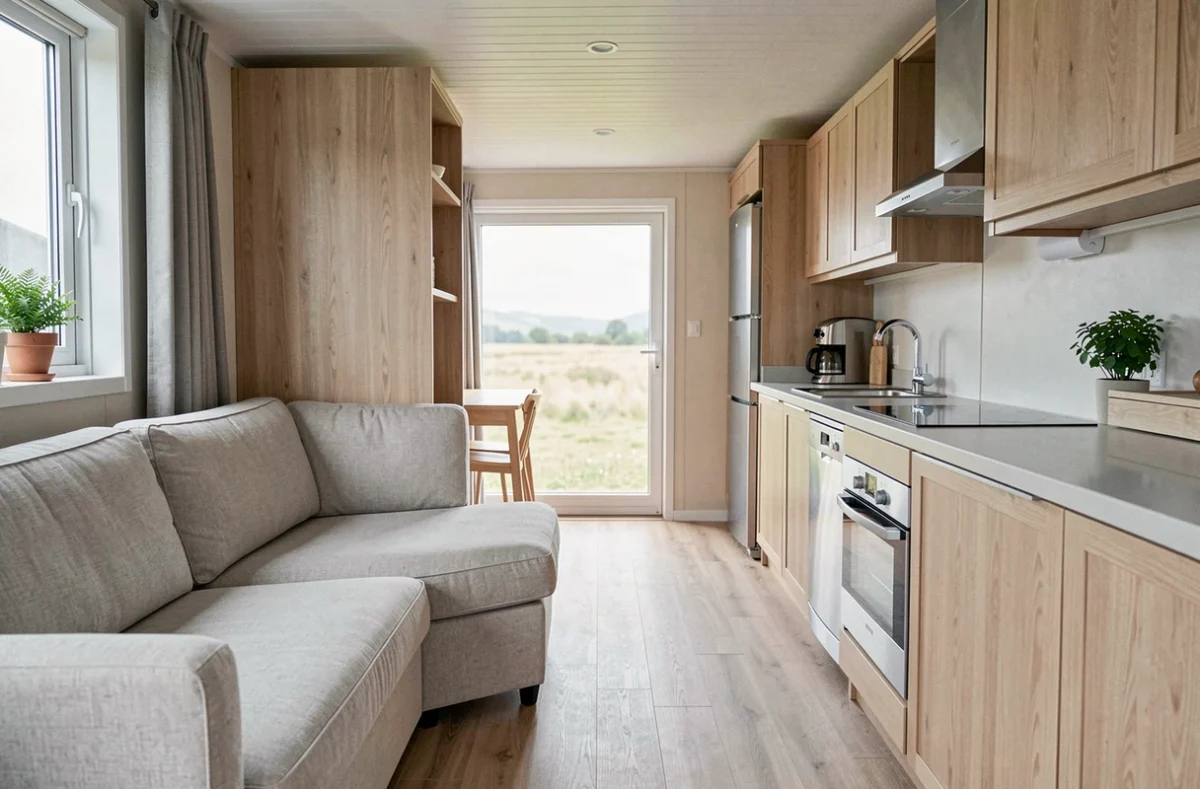 Intérieur spacieux et moderne d'un mobil-home avec cuisine équipée et salon style scandinave