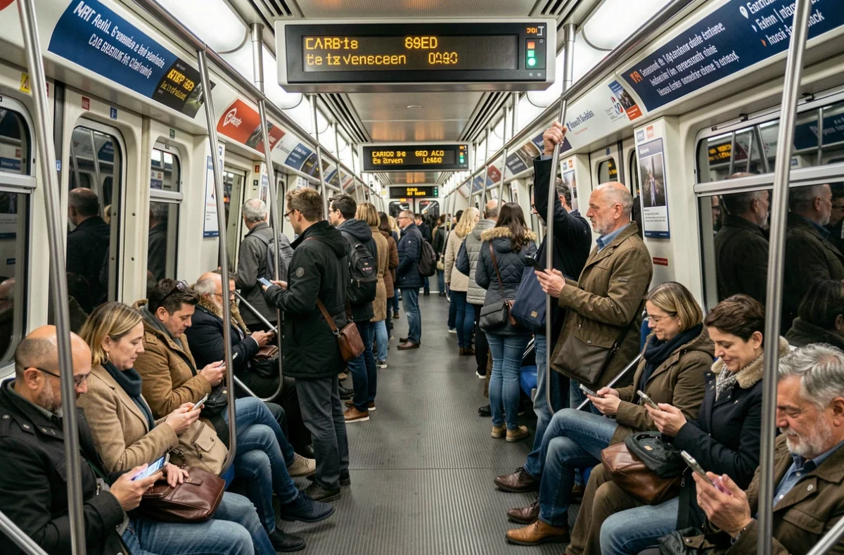 Intérieur d'une rame de métro RATP bondée avec passagers consultant les écrans d'information trafic