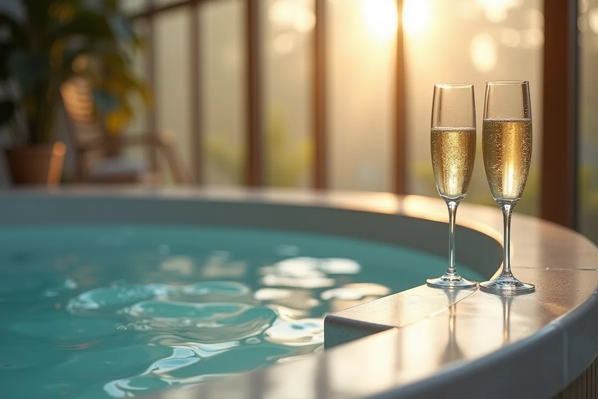Jacuzzi intérieur avec verres de champagne et lumière du matin