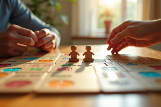Jeu de Rummikub avec jokers sur une table en bois