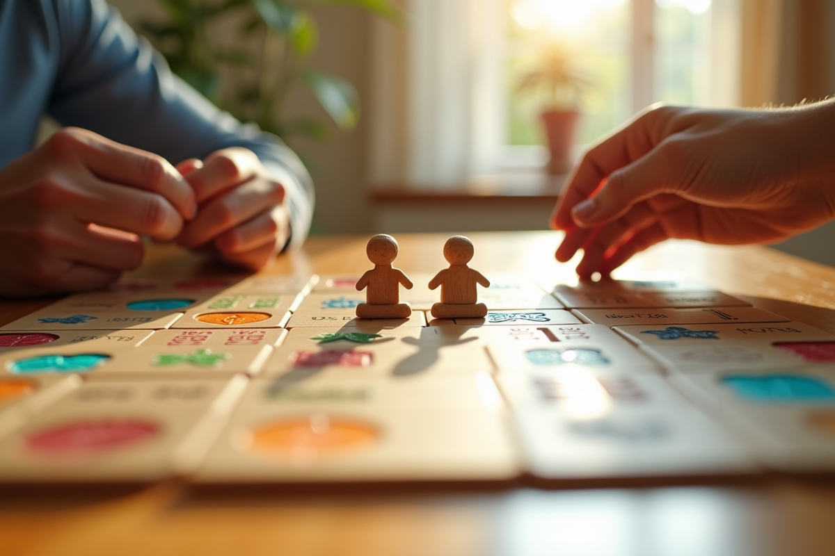 Jeu de Rummikub avec jokers sur une table en bois