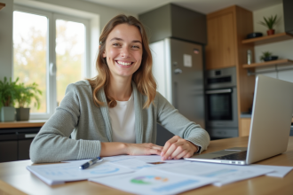 Jeune adulte planifiant ses finances à la cuisine