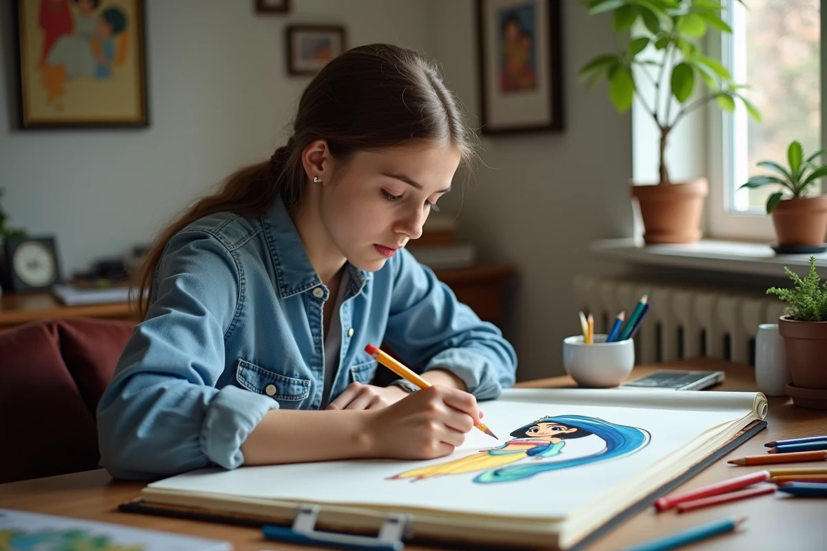 Jeune artiste esquissant Jasmine sur son carnet dans un studio lumineux