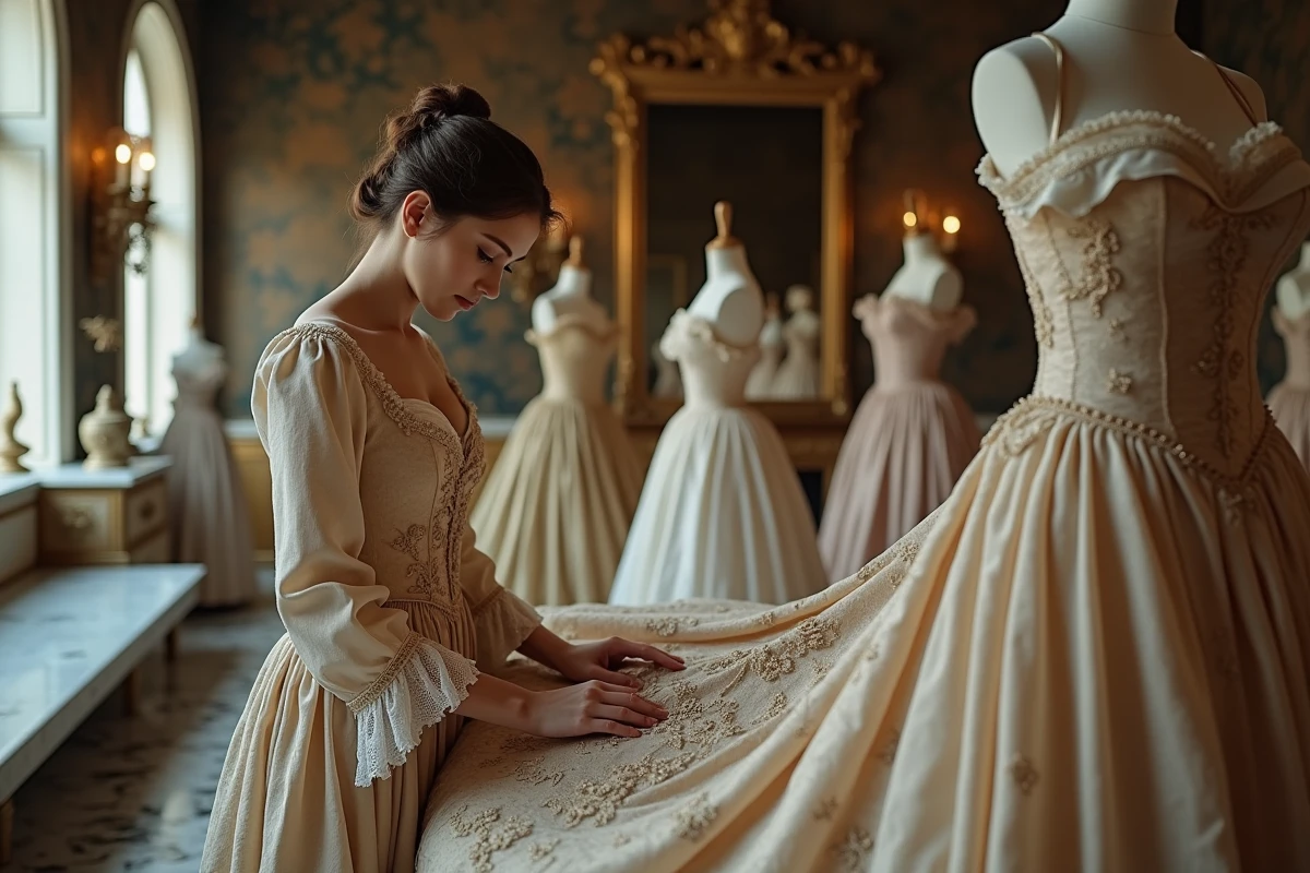 Jeune couturière cousant une robe richement ornée en atelier