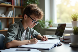 Jeune étudiant étudiant à un bureau moderne avec livres et ordinateur