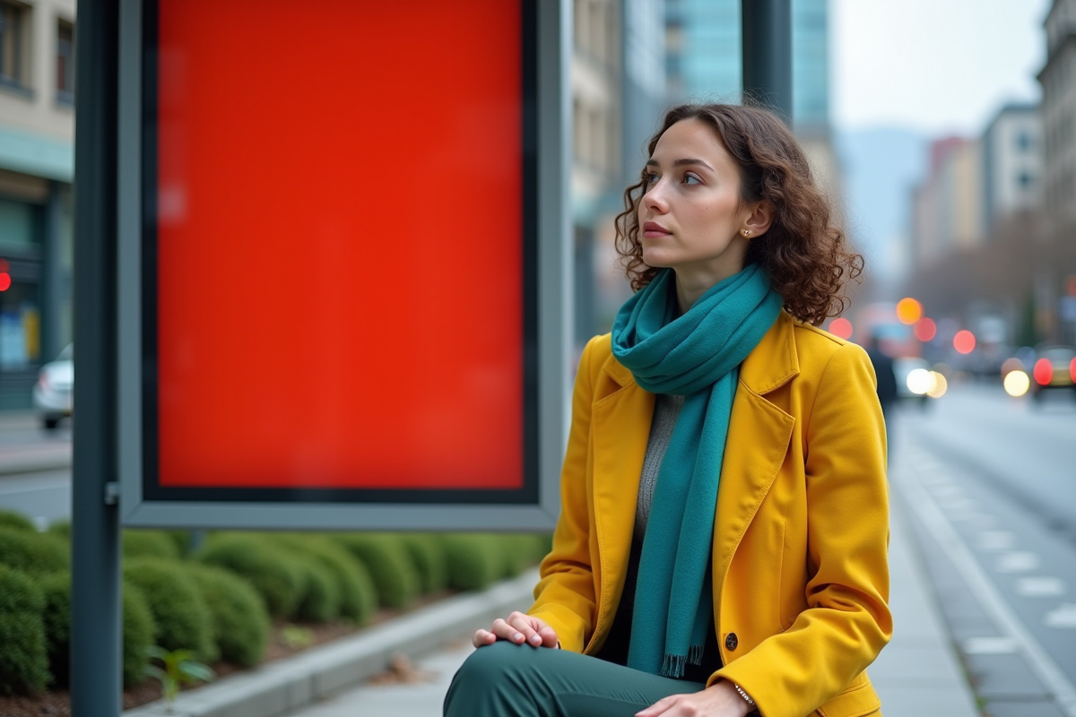 Jeune femme en blazer jaune et foulard teal à un arrêt de bus